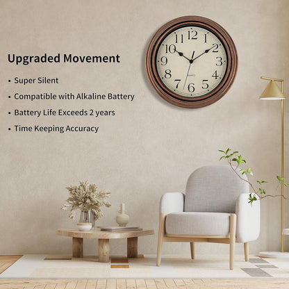 Foxtop Retro Silent Non-Ticking Round Classic Clock Quartz Decorative Battery Operated Wall Clock for Living Room Kitchen Home Office 12 Inch (Bronze)