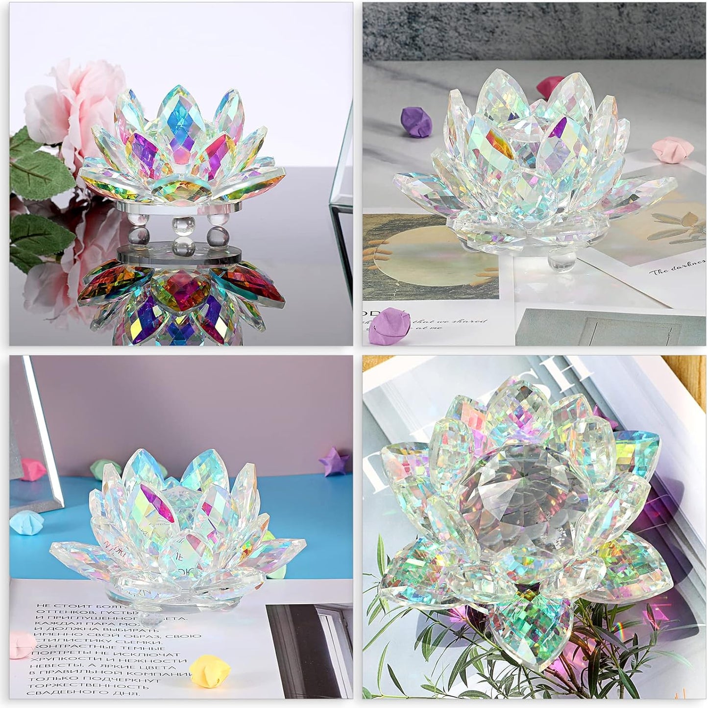 OwnMy 3 Inch Sparkle Crystal Lotus Flower Figurines Decorative Lotus Flower Ornament, Glass Lotus Feng Shui Decor Crystal Flower Paperweight for Home Office Tabletop Centerpieces