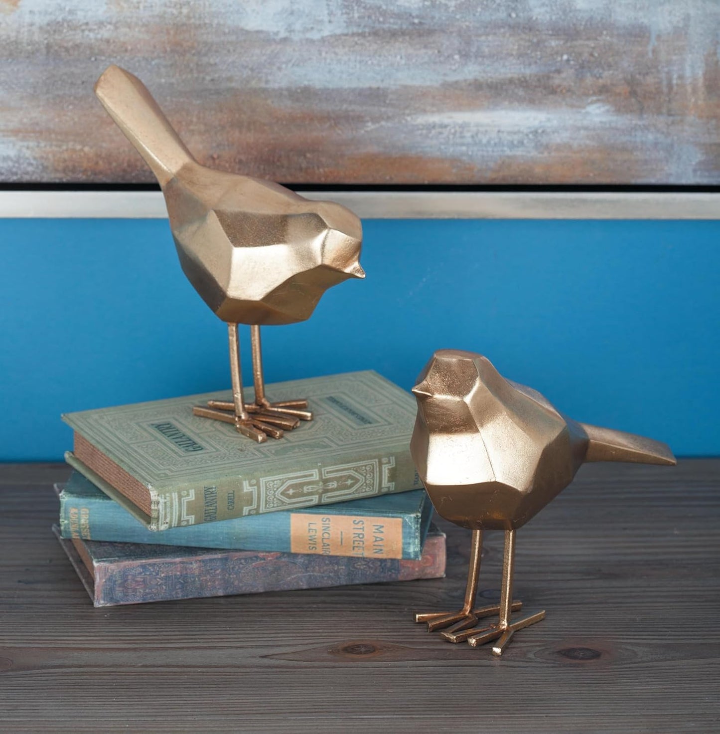 CosmoLiving by Cosmopolitan Polystone Bird Decorative Sculpture Home Decor Statues with Origami Accents, Set of 2 Accent Figurines 7", 8"H, Gold