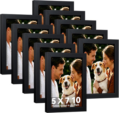 HappyHapi 4x6 Picture Frames Set of 10, Tabletop or Wall Display Pictures 3.5x5 with Mat or 4x6 Without, Multi Photo Frames Collage (Black)