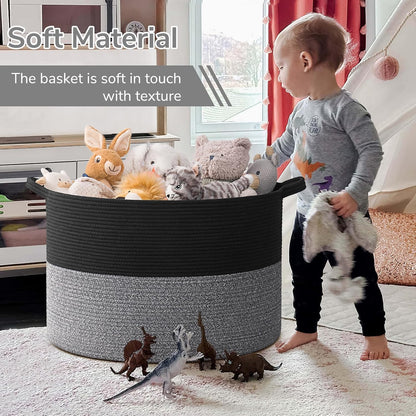 INDRESSME XXXLarge Blanket Basket for Living Room 21.7" x 21.7" x 13.8"-Storage Basket with Handle for Organizing Toy Pillows Woven Cotton Rope Laundry Basket Stuffed Animal Toy Storage for Play Room