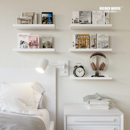 RICHER HOUSE 5 Set Floating Wall Mounted Shelves, Black Shelves for Wall Decor, Modern Picture Ledge Shelf with Lip for Storage, Nursery, Bedroom, Living Room, Bathroom - Black