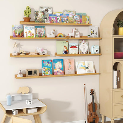 Fun Memories Picture Ledge Shelves Set of 2, 32 Inch Rustic Wall Mounted Floating Shelves with Lip for Home Storage and Décor in Bathroom, Kitchen, Nursery, Bedroom, Living Room, Walnut