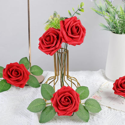 AmyHomie Artificial Flowers Dark Red Rose 25pcs Real Looking Fake Roses w/Stem for DIY Wedding Bouquets Centerpieces Arrangements Party Baby Shower Mothers Day Christmas Tree Decorations