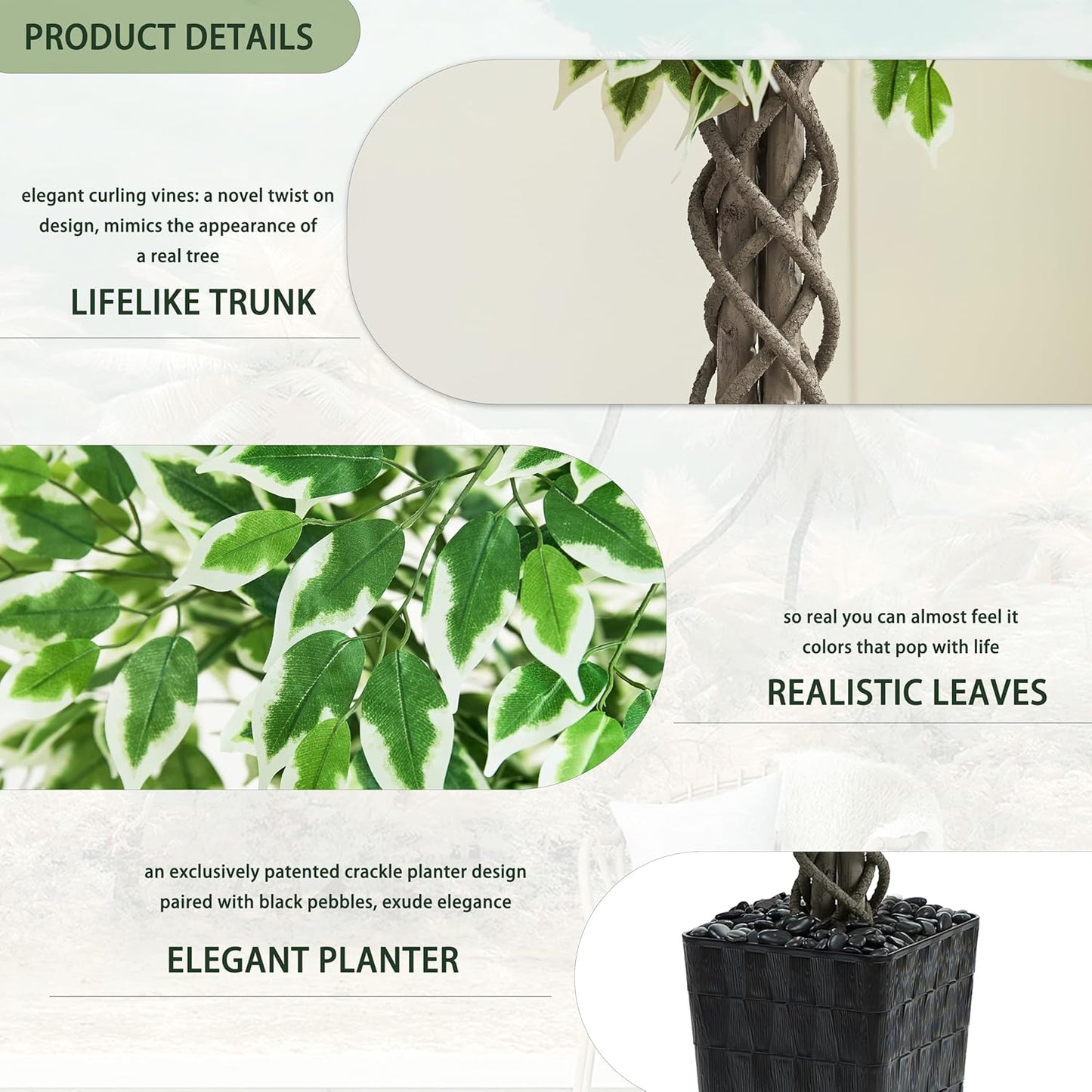 Artificial Ficus Tree 6FT Faux Plants Indoor Tall Fake Plants with White Planter, Green Lifelike Lush Fake Ficus Tree for Home Living Room Bedroom Outdoor Balcony House Office Decor