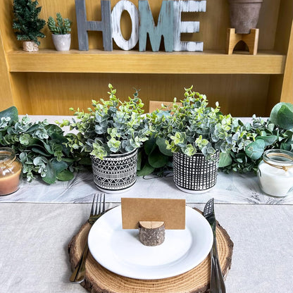 Winlyn Set of 2 Small Artificial Potted Plants Faux Eucalyptus Plant in White Geometric Ceramic Pots Small Desk Potted Plants 7.1" Tall for Home Office Room Decorations Wedding Greenery Centerpiece