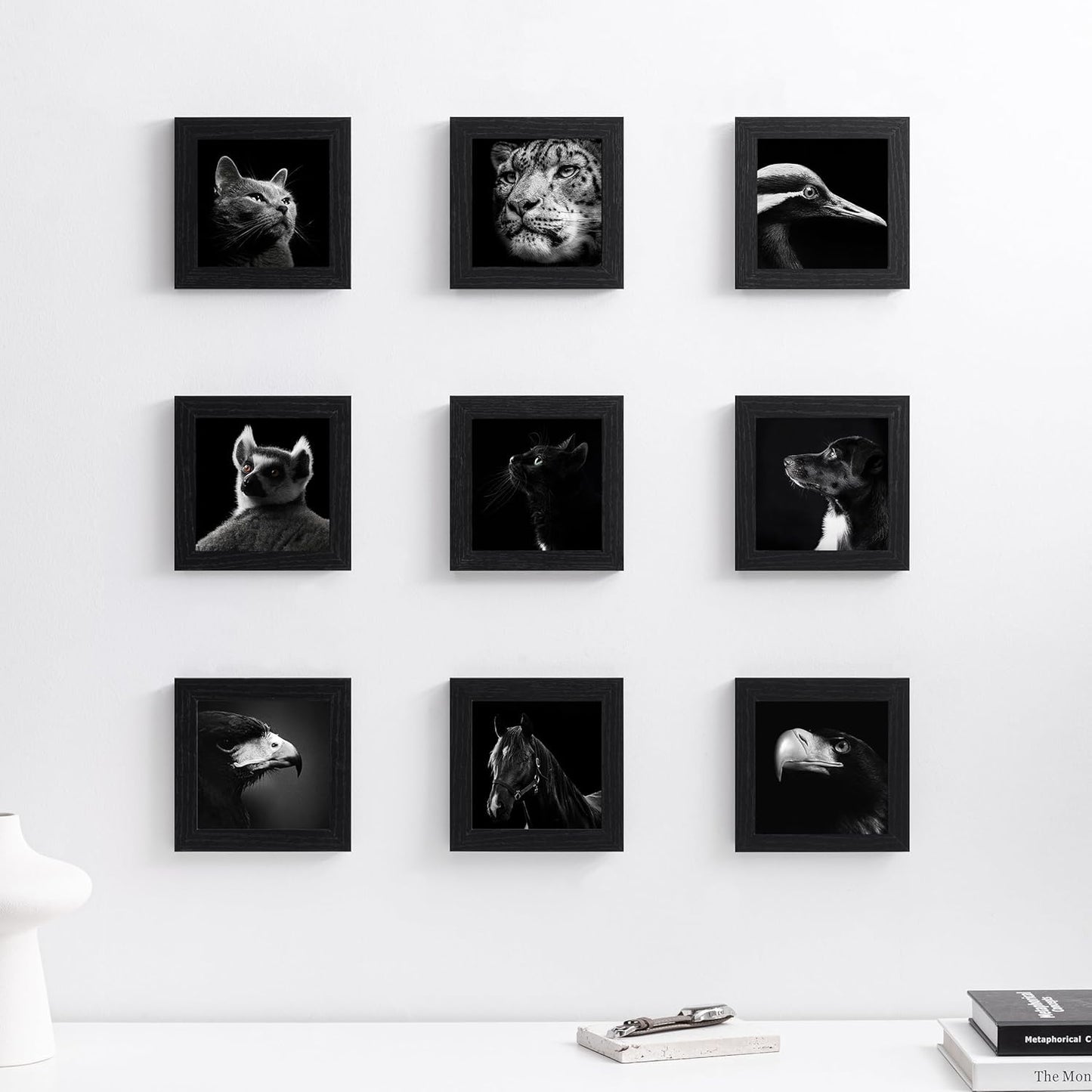eletecpro 12x12 Picture Frames Set of 9 with Clear Acrylic Cover, Display 8x8 Photos with Mat or 12x12 Without, Classic and Sturdy Square Collage Gallery Wall Decor, Easy Wall Mount, Black