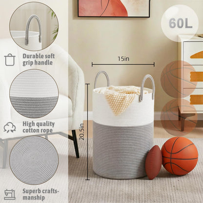 Artfeel Laundry Basket,Woven Cotton Rope Laundry Hamper,60L for Decor Storage of Dirty Clothes,Toys and Blankets in Bathroom,Baby Room and Living Room