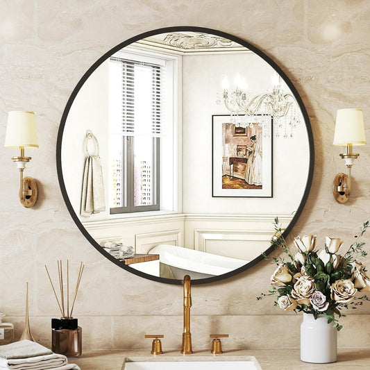 Sweetcrispy 24 Inch Round Wall Mirror with Tempered Glass, Bathroom Mirror Over Sink, Anti-Fog & Waterproof Round Mirror for Bathroom, Entryway, Bedroom, Shatterproof Design, Black