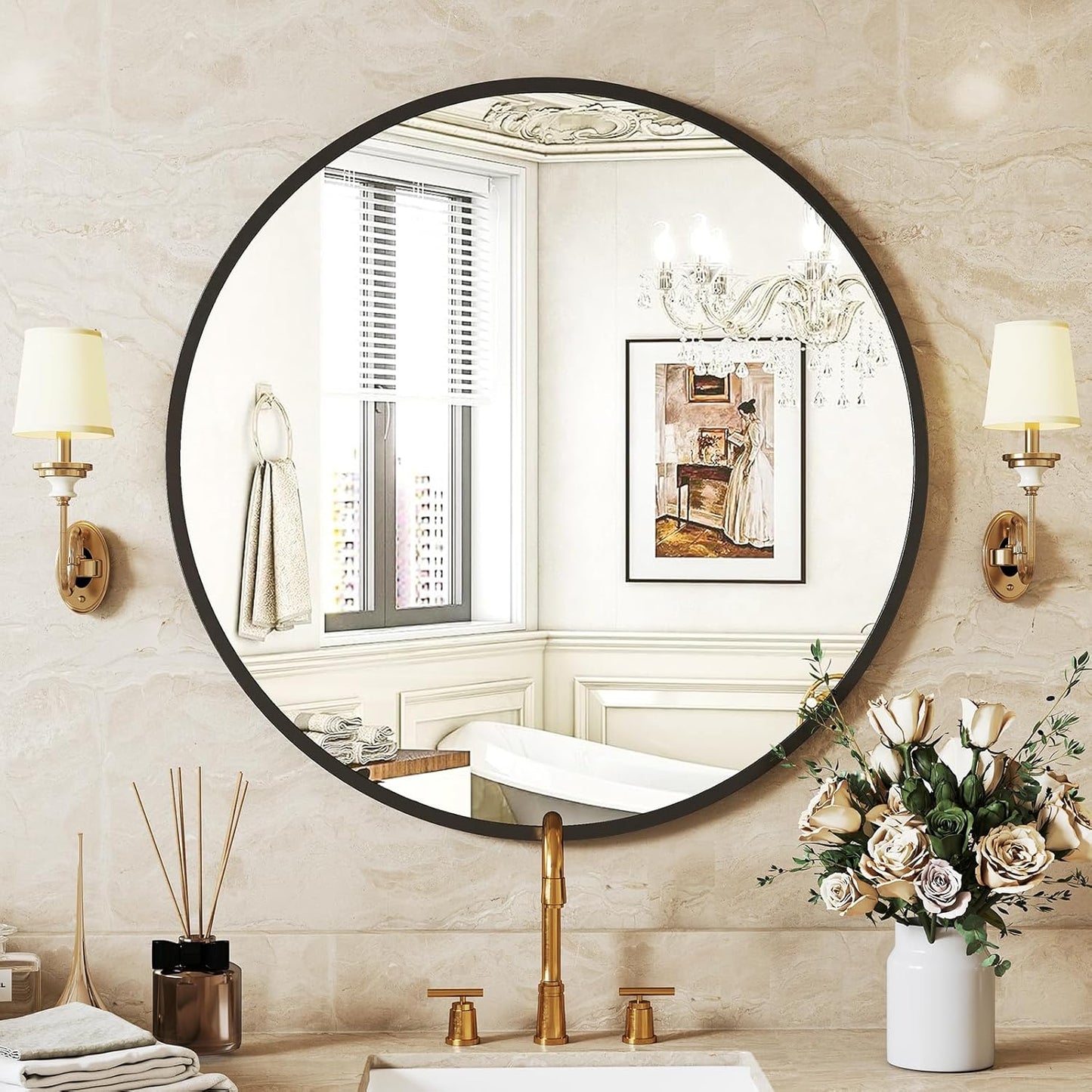 NEWBULIG Gold Round Wall Mirror 36 Inch, Bathroom Mirrors for Over Sink, Wall Decor for Bathroom, Entryway, Bedroom, Vanity