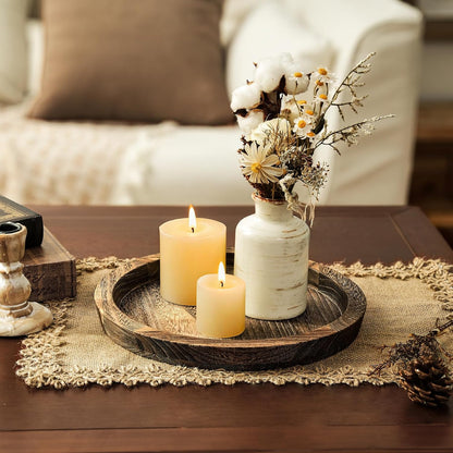 Romadedi Rustic Wooden Tray Candle Holder - Round Wood Decorative Pillar Candle Tray for Coffee Table Farmhouse Kitchen Countertop Organizer Home Decor Wedding Centerpiece, Distressed White