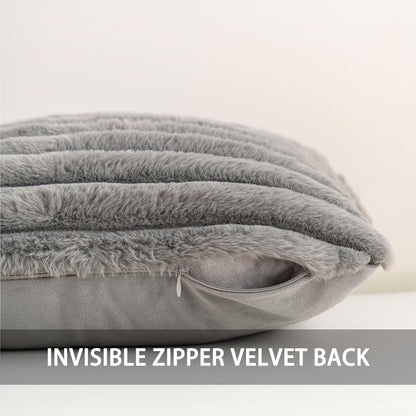 Aegero Pack of 2 Faux Fur Christmas Throw Pillow Covers 18x18 Inch, Soft Plush Striped Neutral Couch Pillow Cover, with Velvet Back Modern Home Decor for Sofa Living Room Couch Bed Cream White