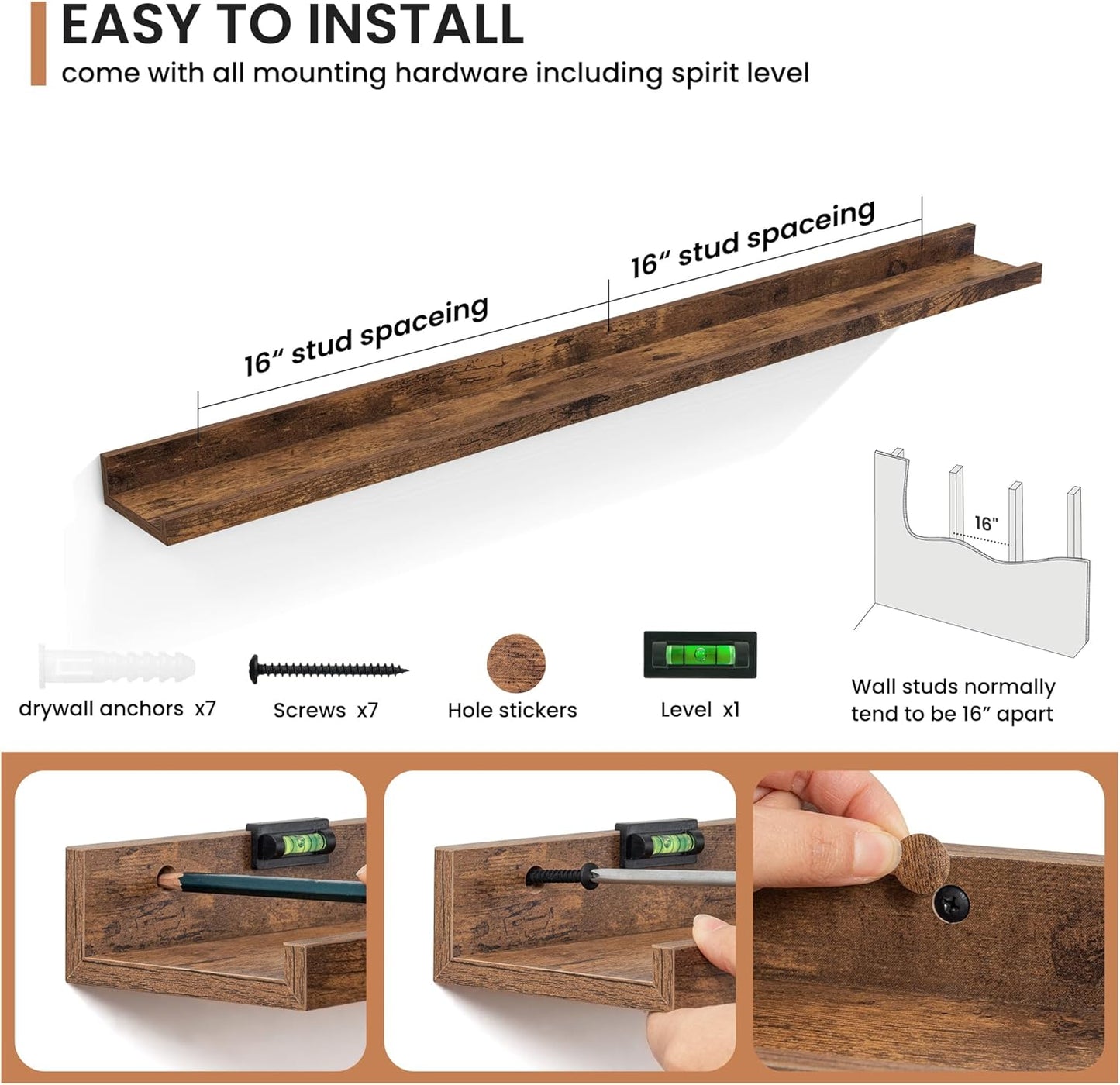 Fun Memories Picture Ledge Shelves Set of 2, 32 Inch Rustic Wall Mounted Floating Shelves with Lip for Home Storage and Décor in Bathroom, Kitchen, Nursery, Bedroom, Living Room, Walnut