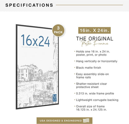 MCS Original Poster Frame 24x36 Black Lightweight Vertical & Horizontal Wall Hanging Large Picture Frame for Posters, Art Prints & Gallery Wall (6-Pack)