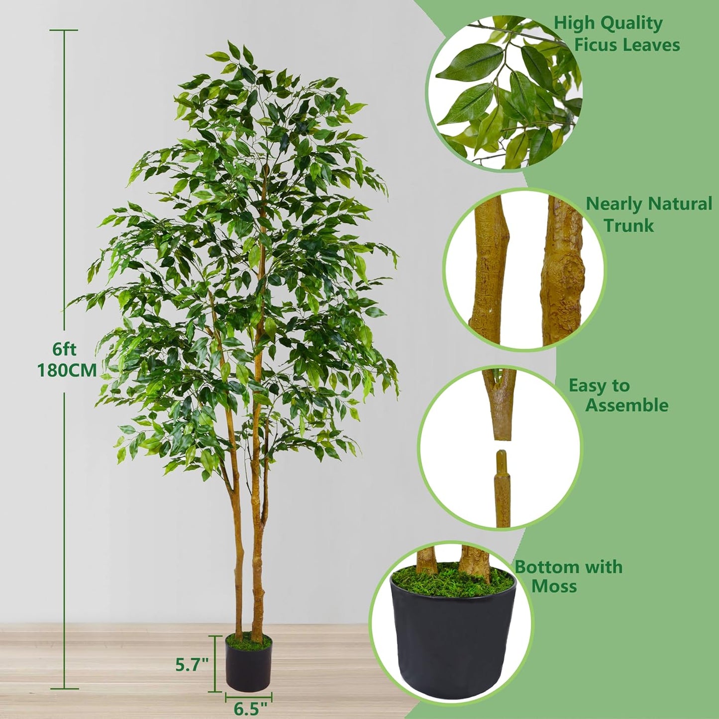 Warmplants Artificial Ficus Tree, 7ft Silk Fake Ficus Leaves Plant with Basket, Indoor Outdoor Faux Green Tree for Home Garden Office House Livingroom Décor