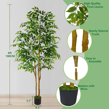 Warmplants Artificial Ficus Tree, 7ft Silk Fake Ficus Leaves Plant with Basket, Indoor Outdoor Faux Green Tree for Home Garden Office House Livingroom Décor