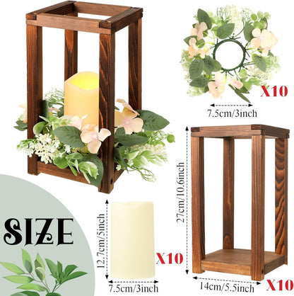 Hushee 30 Pcs Wooden Wedding Lantern Centerpiece Integrated Holders with Candles and Wreaths Rustic Wooden Candle Lantern Decor for Wedding Party Table Valentine Decor (Yellow)