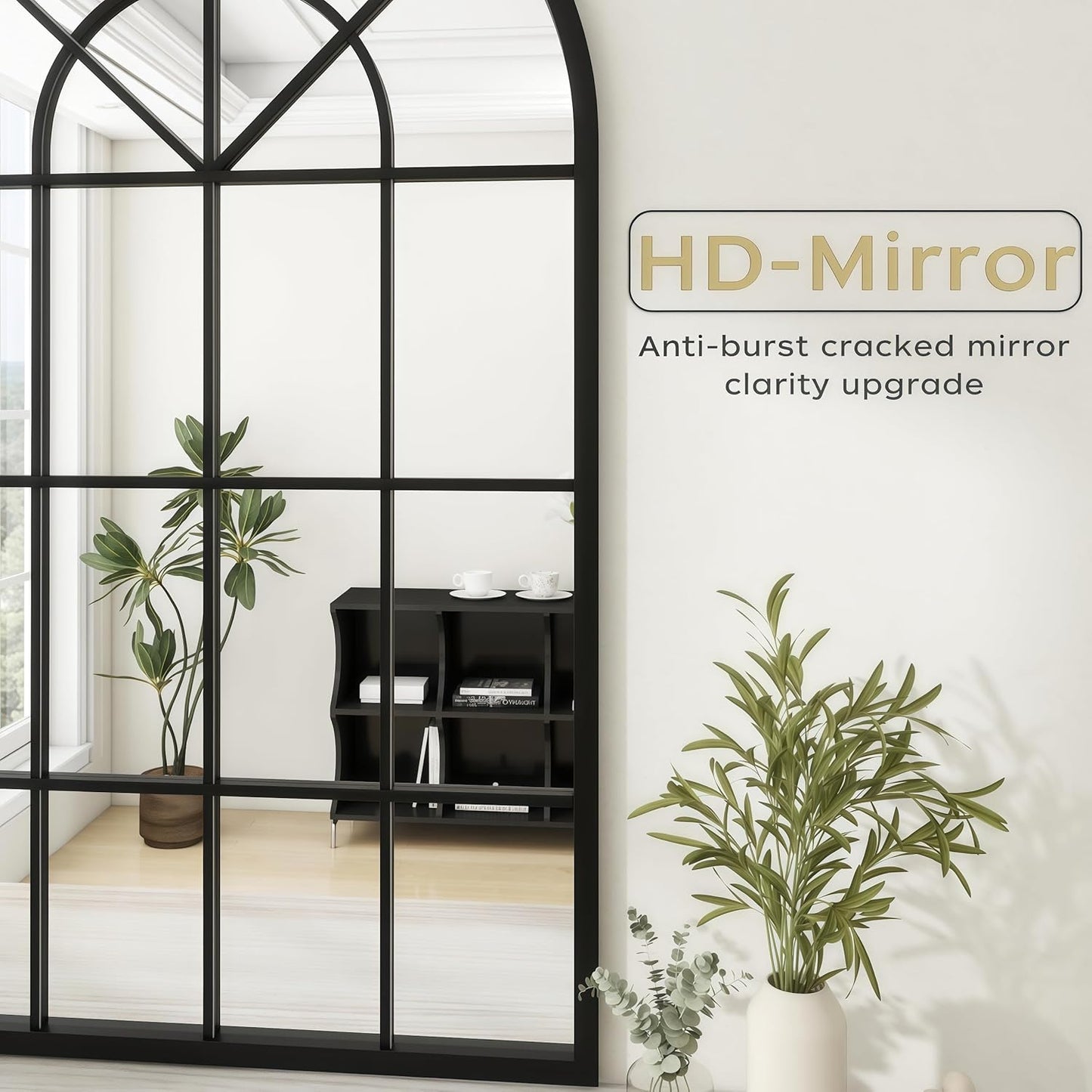 Dewfig 65"x 22" Arched Window pane Full Length Mirror, Wall Mirror, Floor Standing Mirrors, Farmhouse Long Full Body Mirrors Wall Mounted for Living Room, Bedroom, Entryway, Fireplace, Black