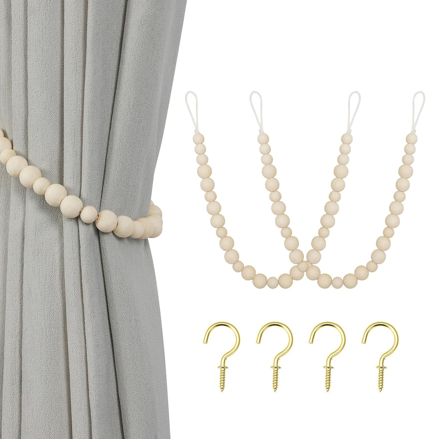 Wood Bead Curtain Tiebacks, KLOGTSIND Set of 2 Curtain Holdbacks for Thin or Thick Window Draperies, Boho Farmhouse Curtain Tiebacks with Hooks, Curtain Tie Backs for Home Office Room Decor