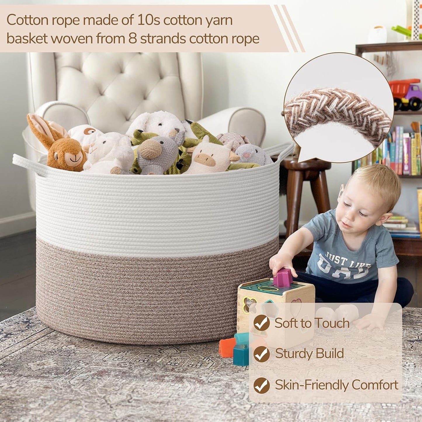 INDRESSME XXXLarge Blanket Basket for Living Room 21.7" x 21.7" x 13.8"-Storage Basket with Handle for Organizing Toy Pillows Woven Cotton Rope Laundry Basket Stuffed Animal Toy Storage for Play Room