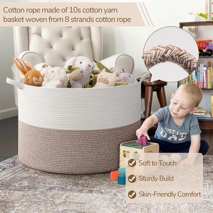 INDRESSME XXXLarge Blanket Basket for Living Room 21.7" x 21.7" x 13.8"-Storage Basket with Handle for Organizing Toy Pillows Woven Cotton Rope Laundry Basket Stuffed Animal Toy Storage for Play Room