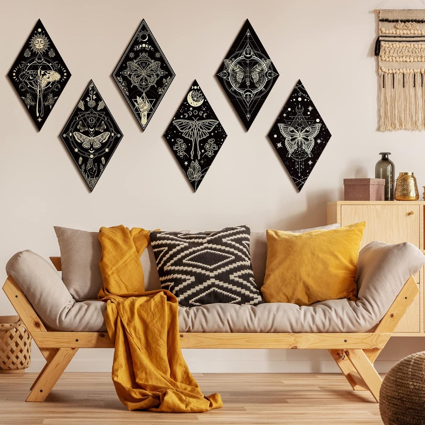 Sintuff 6 Pieces Gothic Wall Decor Boho Sun Moon Phases Wall Art Gothic Minimalist Stars Sun Hanging Wooden Home Decor Farmhouse Pediments for Gallery Living Bedroom Room(Mushroom)