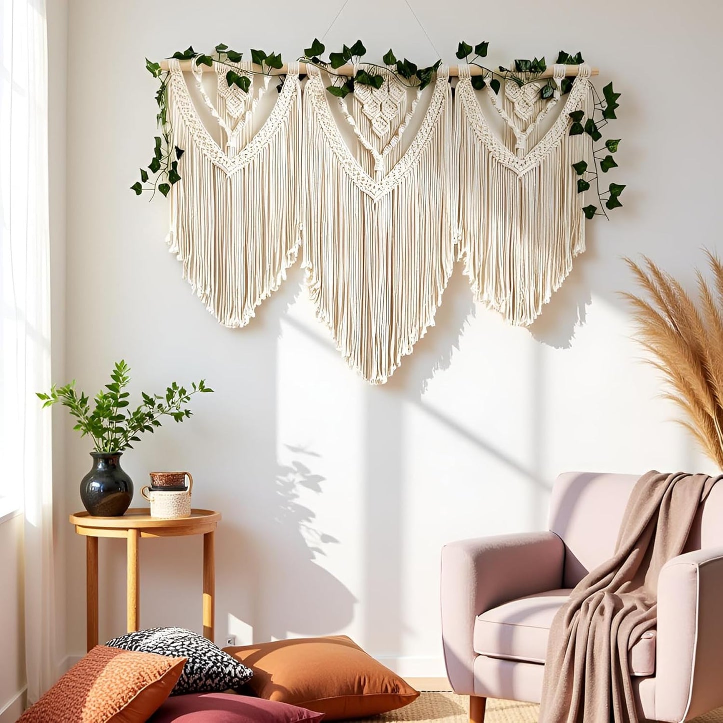 guzhiou large macrame wall hanging - Boho Tapestry Macrame Wall Decor Art- Chic Bohemian Handmade Woven Tapestry Home Decoration for Bedroom Living Room Apartment Wedding Party - 43"x32" (Wood bead)