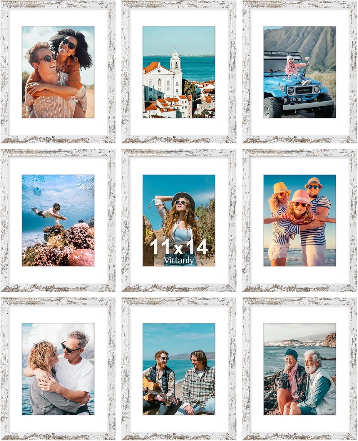 Vittanly 8x10 Picture Frames Set of 9, Shatter Resistant Plexiglass, Display 5x7 Pictures with Mat or 8x10 without Mat, Photo Frames for Wall or Tabletop, Engineered Wood, Black - Colors A