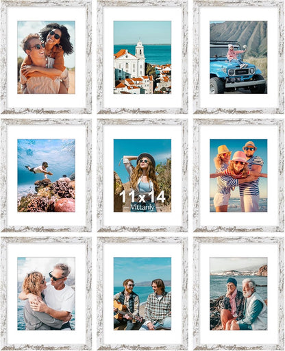Vittanly 8x10 Picture Frames Set of 9, Shatter Resistant Plexiglass, Display 5x7 Pictures with Mat or 8x10 without Mat, Photo Frames for Wall or Tabletop, Engineered Wood, Black - Colors A