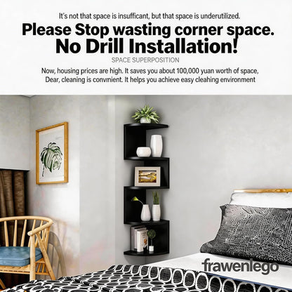 No-Drill Corner Shelf Wall Mount, 5-Tier Floating Corner Bookshelf with Hooks, Space-Saving Zigzag Plant Shelf for Bedroom, Living Room, Bathroom, Home Office