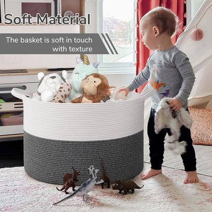 INDRESSME XXXLarge Blanket Basket for Living Room 21.7" x 21.7" x 13.8"-Storage Basket with Handle for Organizing Toy Pillows Woven Cotton Rope Laundry Basket Stuffed Animal Toy Storage for Play Room