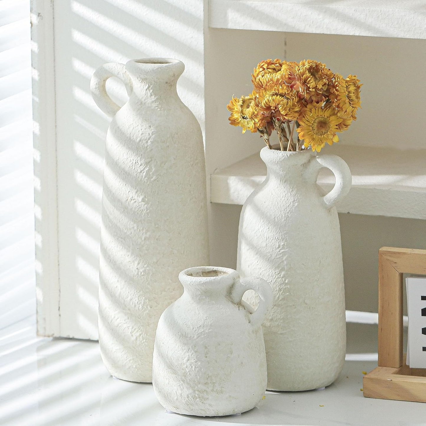 Ceramic Vase Set of 3 | Neutral Vase Home Decor with Handle | Pottery Modern Farmhouse Vases Pampas Grass Flower Vases for Home Decor Table Living Room Centerpieces Mantel Decor - Multicolor