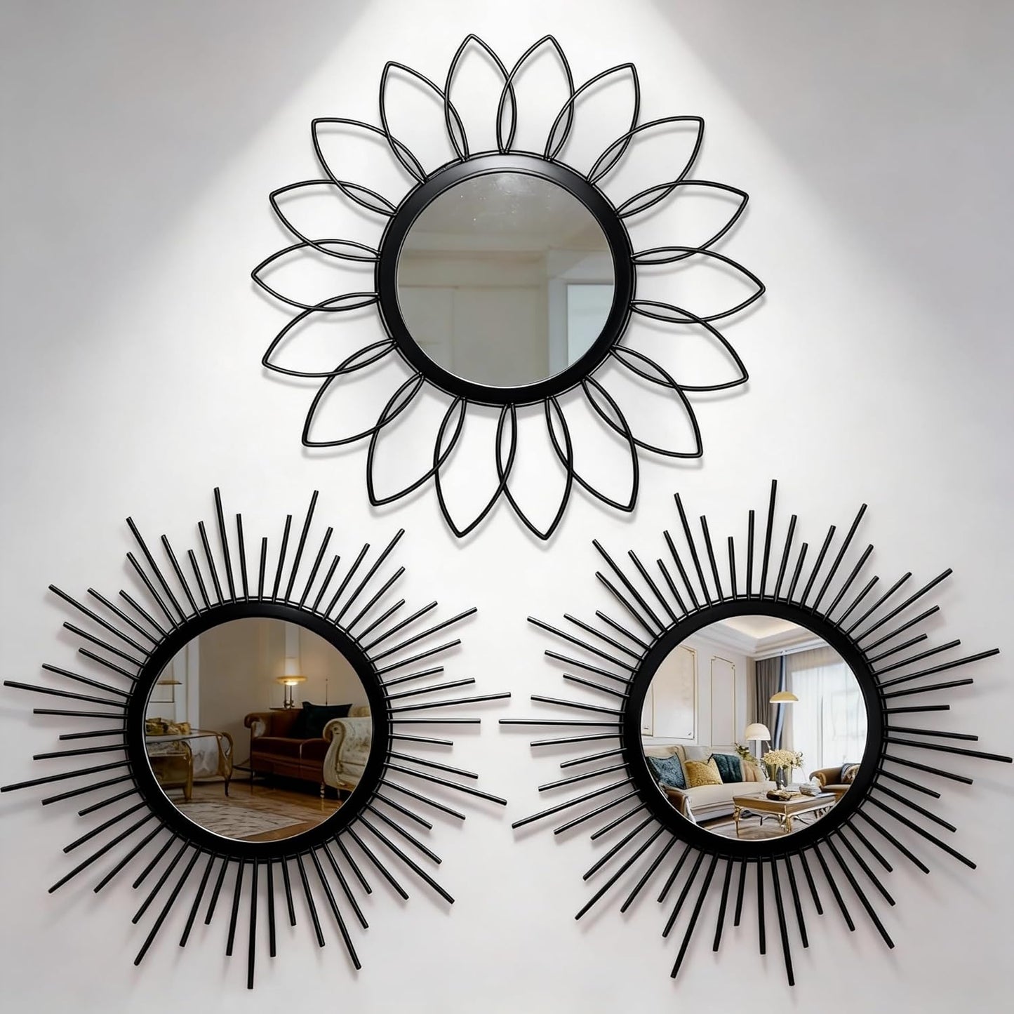 Boho Sunburst Wall Mirror Set of 3, 12 Inch Round Antique & Modern Metal Wall Art, Hanging Over The Door Mirrors for Wall Decor in Living Room, Bedroom, Bathroom, Entryway（Gold）
