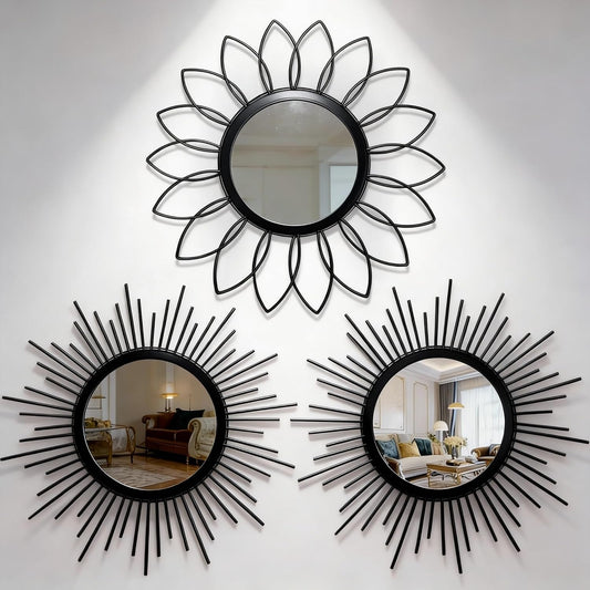 Boho Sunburst Wall Mirror Set of 3, 12 Inch Round Antique & Modern Metal Wall Art, Hanging Over The Door Mirrors for Wall Decor in Living Room, Bedroom, Bathroom, Entryway（Gold）