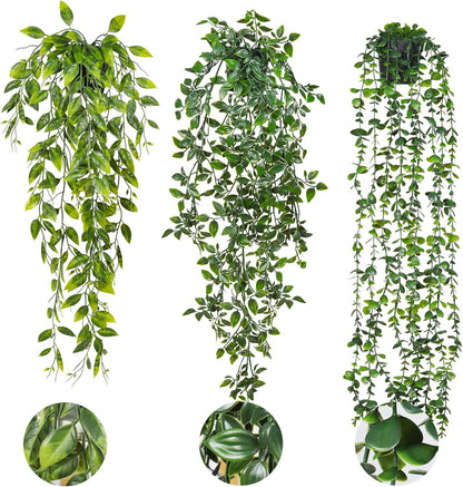 RECUTMS 6pcs Artificial Succulents Hanging Plants Fake Hanging String of Pearls Plant Faux Greenery Wall Plants for Spring Indoor Outdoor Home Bedroom Patio Garden Easter Decor