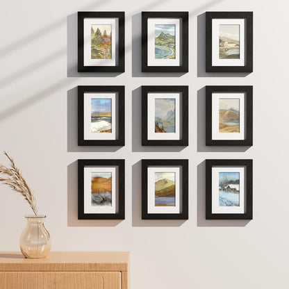 Vittanly 8x10 Picture Frames Set of 9, Shatter Resistant Plexiglass, Display 5x7 Pictures with Mat or 8x10 without Mat, Photo Frames for Wall or Tabletop, Engineered Wood, Black - Colors A