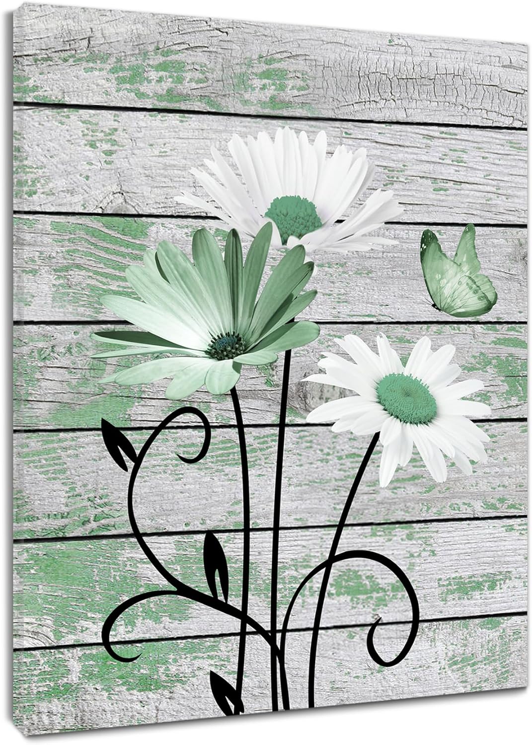 HVEST Farmhouse Floral Wall Art for Living Room, Blue and White Daisy Flower and Butterfly on Rustic Wood Board Canvas Wall Art Framed Artwork Ready to Hang for Bathroom Bedroom Decor, 16L X 12W