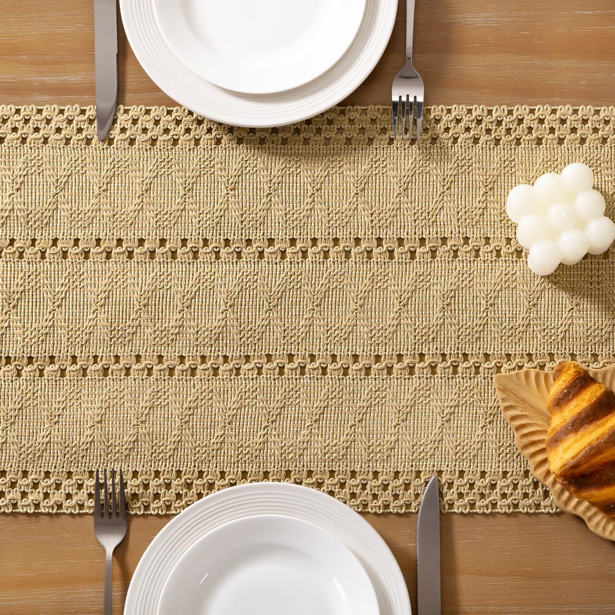 Socomi Boho Table Runner Summer Farmhouse Rustic Dining Kitchen Centerpiece Decor Small Macrame Woven Cotton Linen Coffee Table Runner for Dresser Scarf Home Decor 12x36 inch Beige