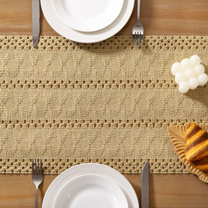 Socomi Boho Table Runner Summer Farmhouse Rustic Dining Kitchen Centerpiece Decor Small Macrame Woven Cotton Linen Coffee Table Runner for Dresser Scarf Home Decor 12x36 inch Beige