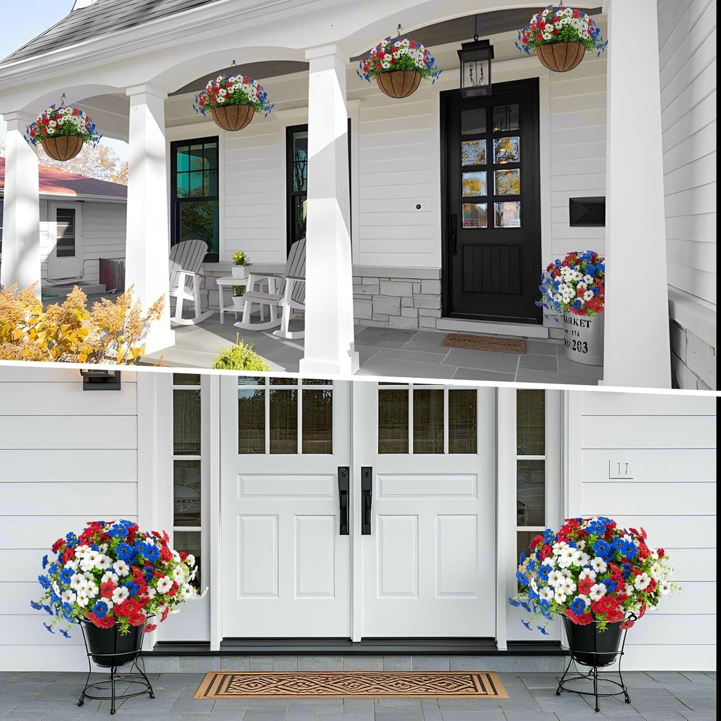 Hananona 2 Set Artificial Outdoor Flowers with Hanging Basket, 2 Hanging Planters with 24 Pcs Flowers for Spring Summer Front Porch Garden Patio Home Decor (2, Red, Purple, Yellow, Rose Red)