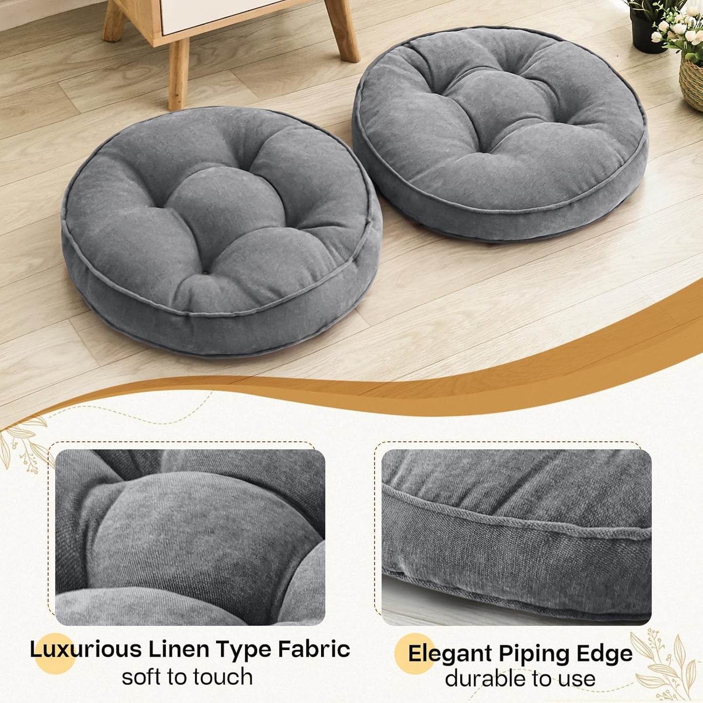 1 MIDDLE ONE Floor Pillow Set of 2, Memory Foam Floor Cushions for Adults, Large Meditation Pillow for Sitting, 22 x 22 Inches (Square | Grey)