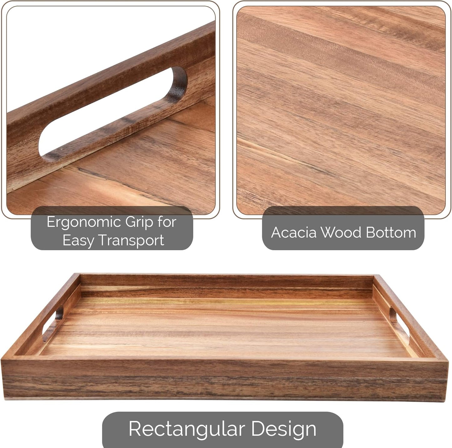 Acacia Wood Serving Tray with Handles (17 Inches) – Decorative Serving Trays Platter for Breakfast in Bed, Lunch, Dinner, Appetizers, Patio, Ottoman, Coffee Table, BBQ, Party –Great for Lap &Couch