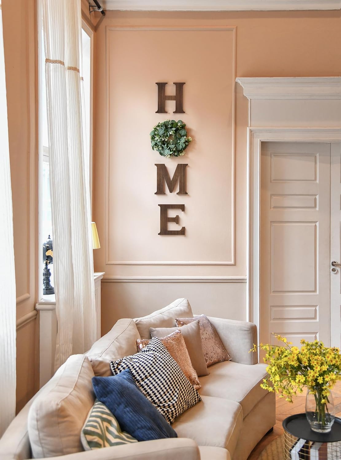 Mkono Farmhouse Wall Home Sign with Artificial Eucalyptus for O Rustic Wooden Hanging Letters Decorative Wall Art Decor for Living Room Kitchen Entryway Housewarming Gift, Brown