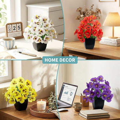 LOYWREE 4 Pack Small Artificial Mums Flowers in White Pots, Fake Mini Potted Plants, Spring Floral Decor for Home Bathroom Shelves Office Desk Table Centerpiece Indoor Decoration