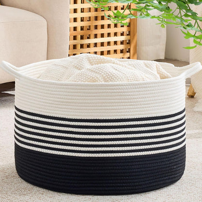 KAKAMAY Large Blanket Basket (20"x13"),Woven Baskets for storage Baby Laundry Hamper, Cotton Rope Blanket Basket for Living Room, Laundry, Nursery, Pillows, Baby Toy chest (White/Brown)