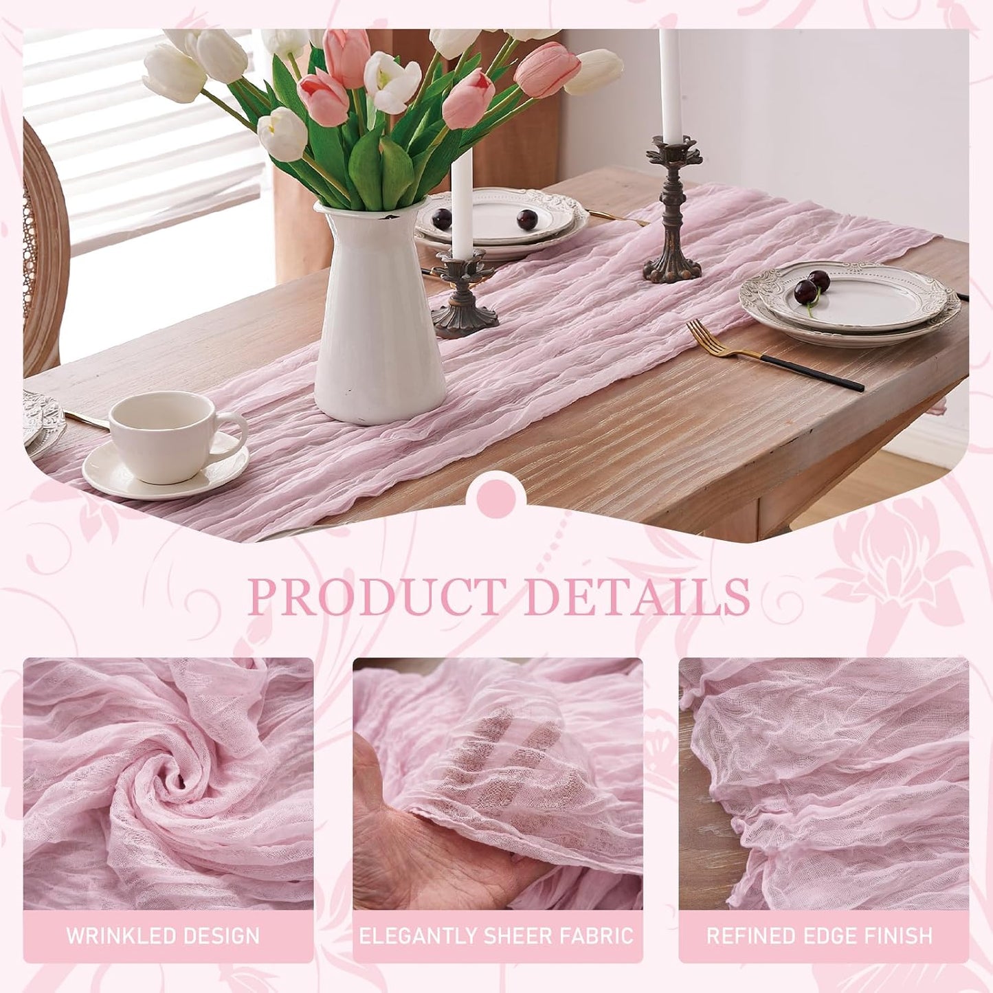 2pcs Cheesecloth Table Runner 120 Inches Pink Boho Gauze Cheese Cloth Runner 10FT Rustic Sheer Fall Table Runners for Thanksgiving Baby Shower Party Holiday Wedding Decoration
