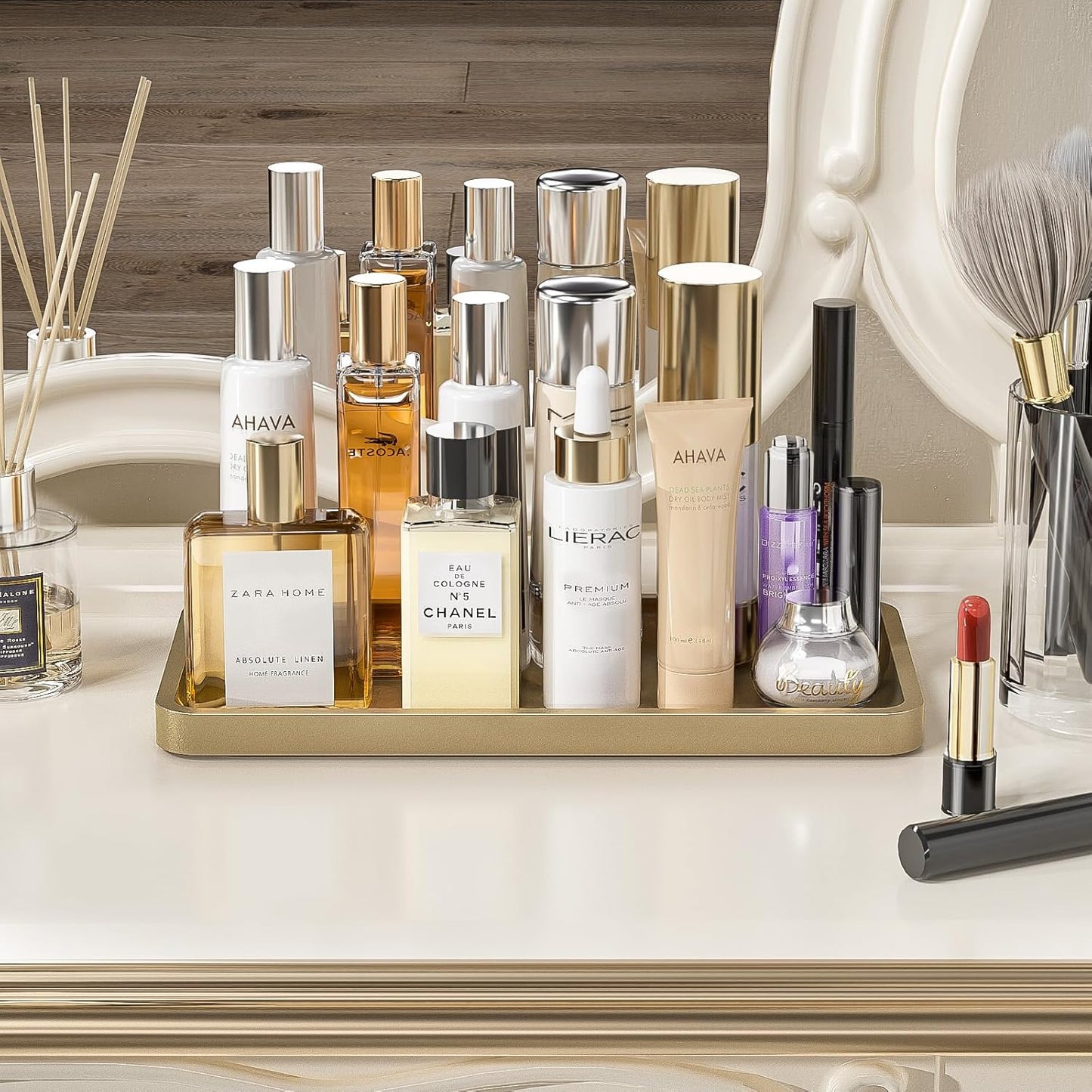 Bathroom Vanity Tray for Countertop - Bamboo Organizer Tray for Dresser Tops, Toilet, Perfume Small Decorative Tray Wood Tray for Home Decoration 11.81” L x 6.1” W x 0.79” H Black