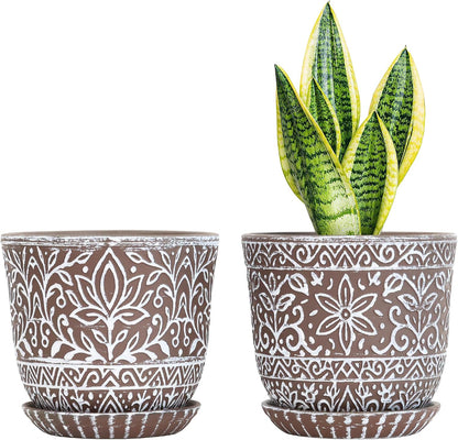 Gepege 6 Inch Beaded Ceramic Planter Set of 2 with Drainage Hole and Saucer for Plants, Indoor-Outdoor Large Round Succulent Orchid Flower Pot (Smoked Gray, Inner-pots not Larger Than 5 Inch)