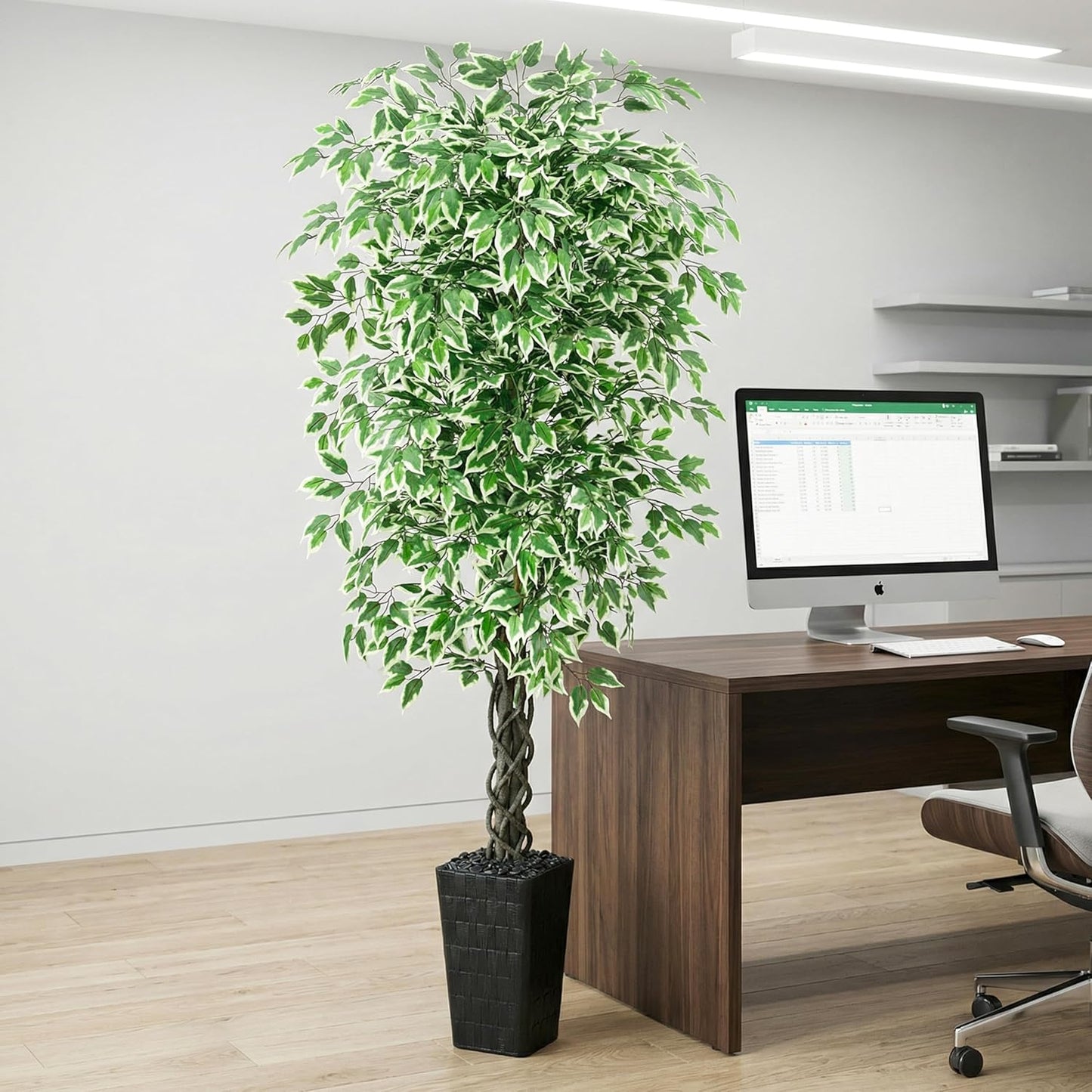 Artificial Ficus Tree 6FT Faux Plants Indoor Tall Fake Plants with White Planter, Green Lifelike Lush Fake Ficus Tree for Home Living Room Bedroom Outdoor Balcony House Office Decor
