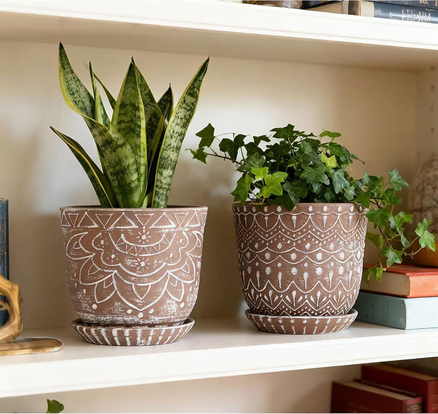 Gepege 6 Inch Beaded Ceramic Planter Set of 2 with Drainage Hole and Saucer for Plants, Indoor-Outdoor Large Round Succulent Orchid Flower Pot (Smoked Gray, Inner-pots not Larger Than 5 Inch)